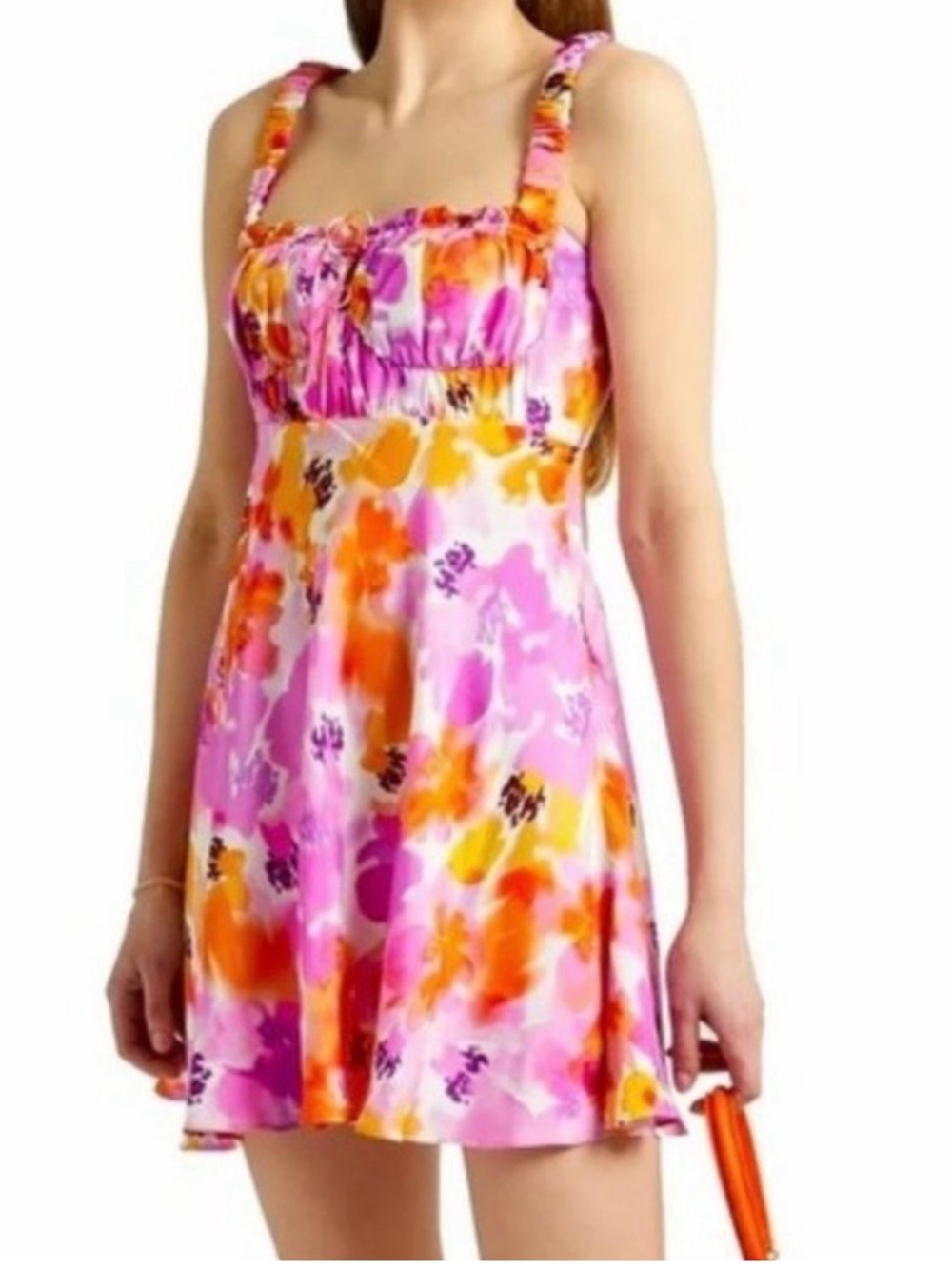 NICHOLAS Simie Gathered Floral 
Pink and Orange Mini Dress